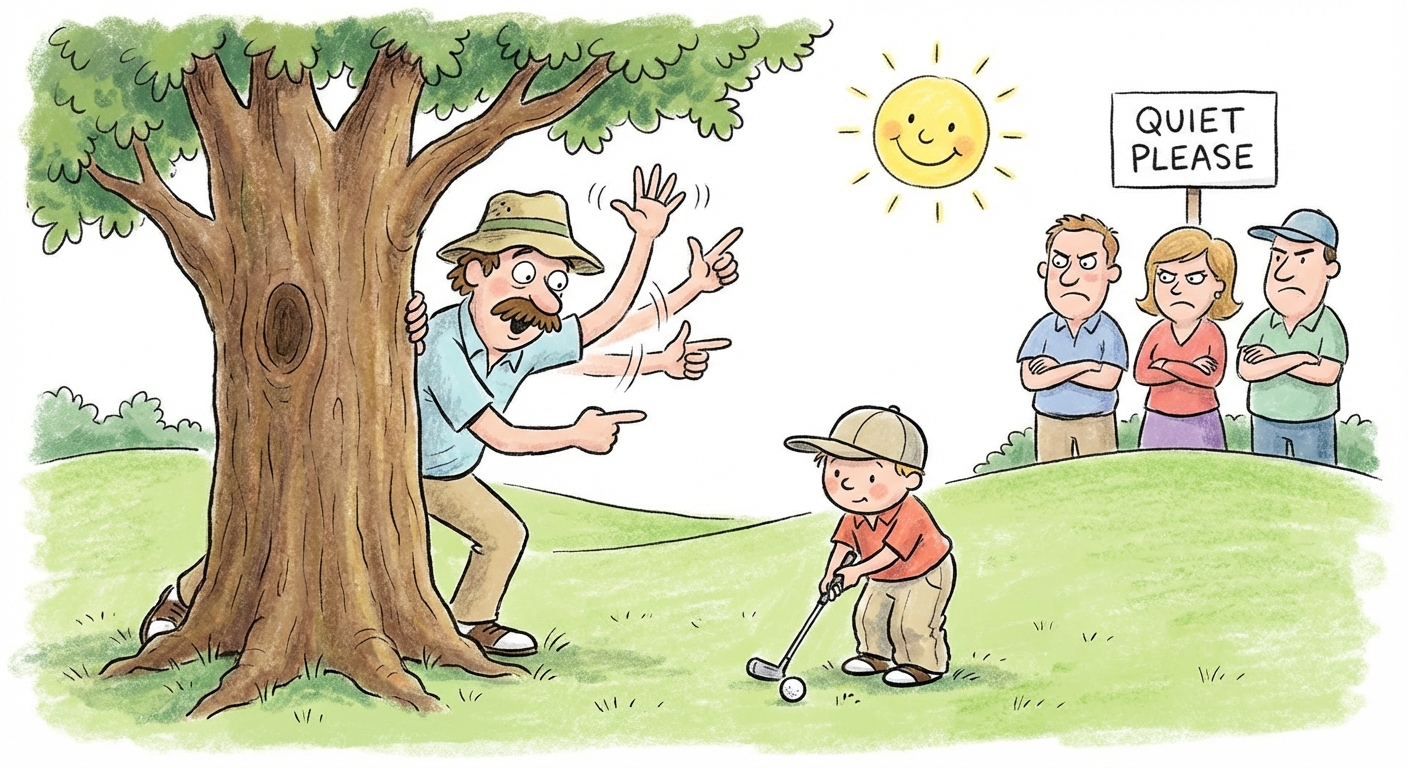 Parent caché derrière un arbre essayant de coacher