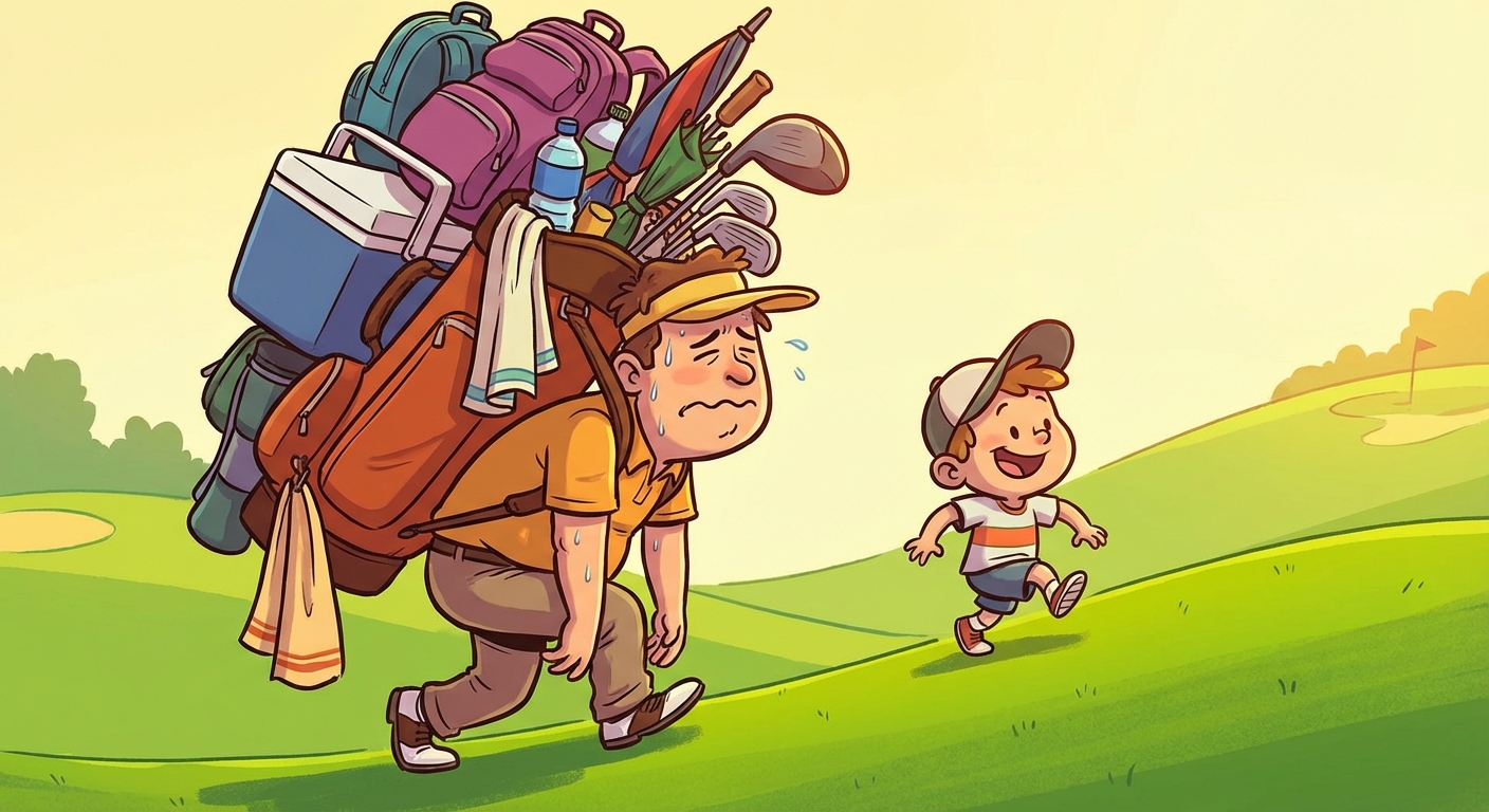 Parent sherpa sur un parcours de golf